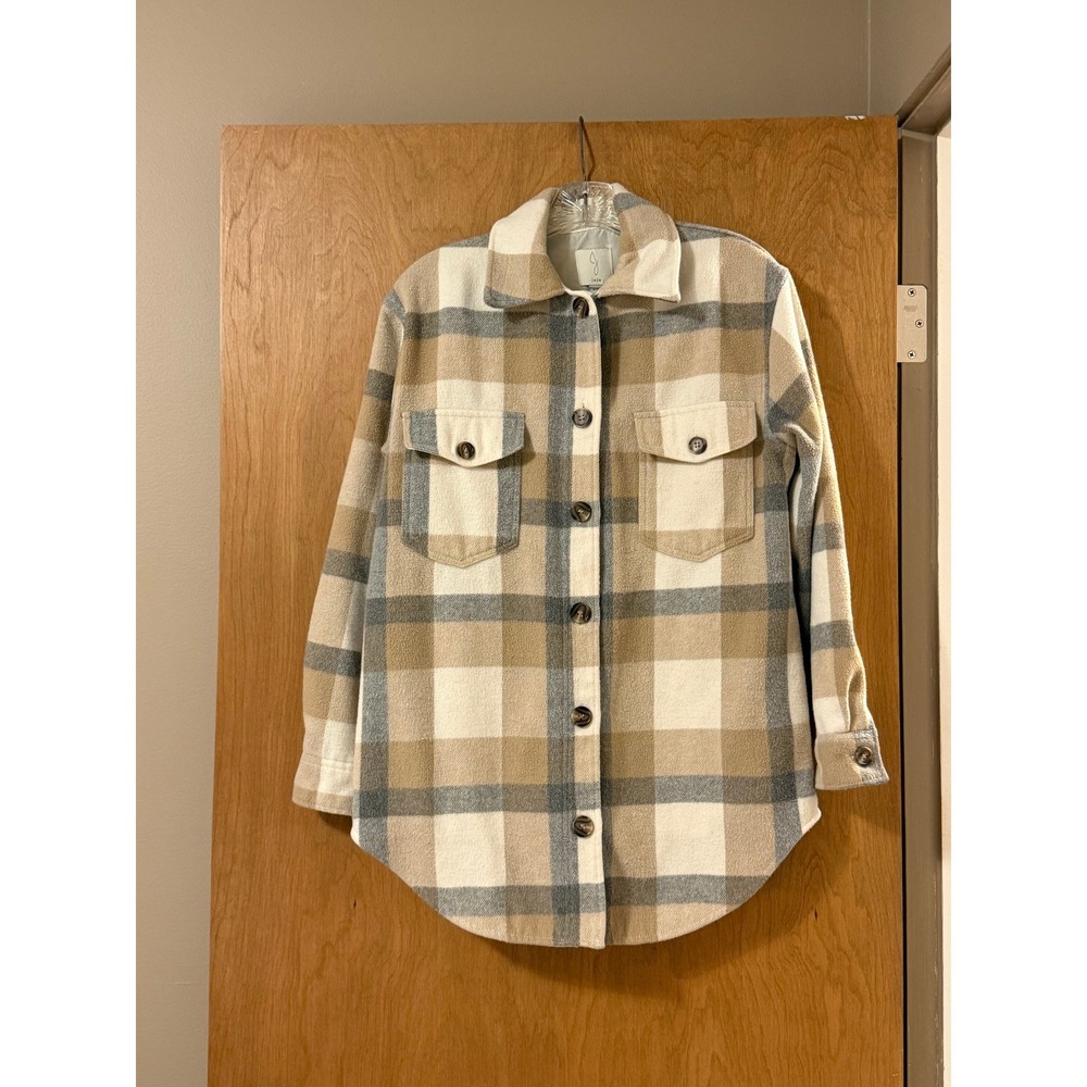 Joie Plaid Shacket Womens Small Tan Cream Grey Button‎ Front Fleece Shirt Jacket